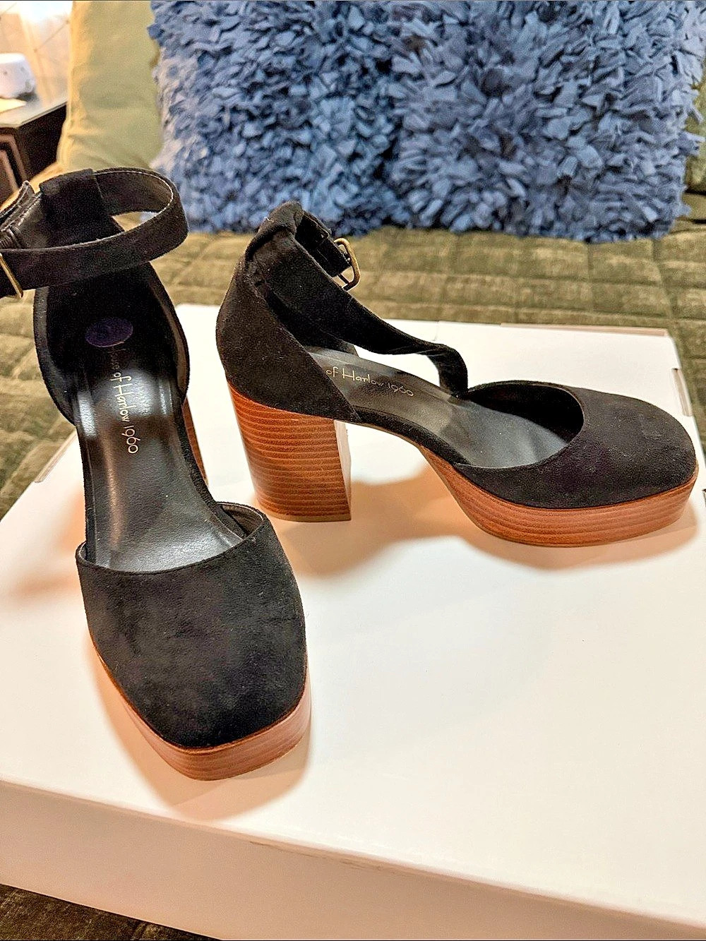 House of Harlow 1960 Tanner Black Suede Platform Block Heel Sandals Heels